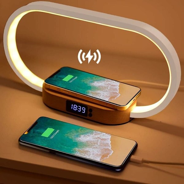 Trådløs Lader Nattbordslampe, Berøring med USB-port, Induksjonslader med Klokke, Bordlampe med 3 Fargemoduser og Dimbar, Tre & Hvit