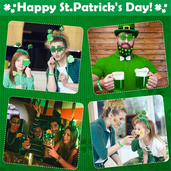 St. Patrick's Day-dekorasjoner med grønne briller, halskjeder, pannebånd, armbånd, mynter, tatoveringer, klistremerker for St. Patrick's Day