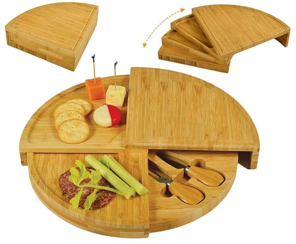 Ostbricka i bambu med 2 ostknivar i rostfritt stål, 4-vånings vikbar design för fester och picknick, 33 cm