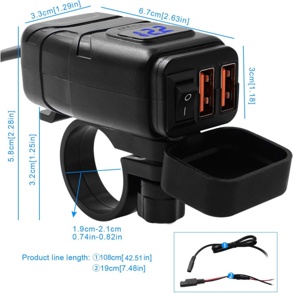 Galaxy QC 3.0 USB-kontakt och LED-voltmeter 6-30V, vattentät USB-adapter för 12V marin SUV (blå)