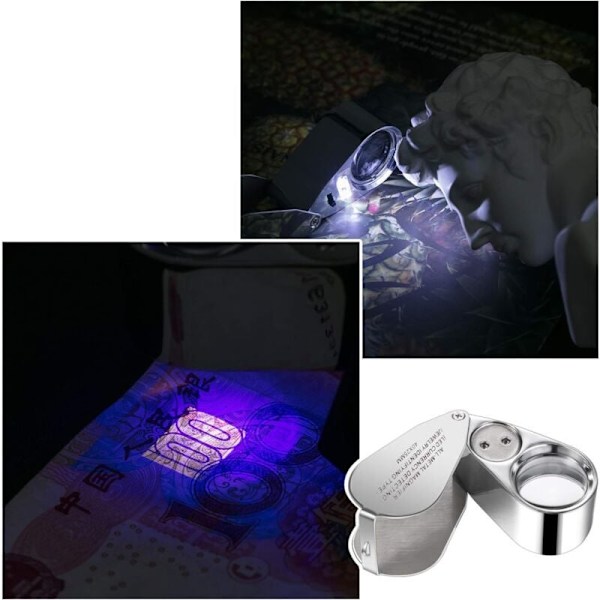 Pakke med 40X Juveler LED UV Linse Forstørrelsesglass Lupe Opplyst Juveler Forstørrelsesglass Klut for LED Valutadeteksjon Juveler Detektering..DEBUNS