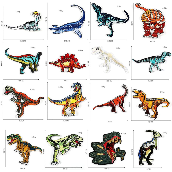 Stryklåster, 16 delar dinosaurielappar, påsydda applikationer