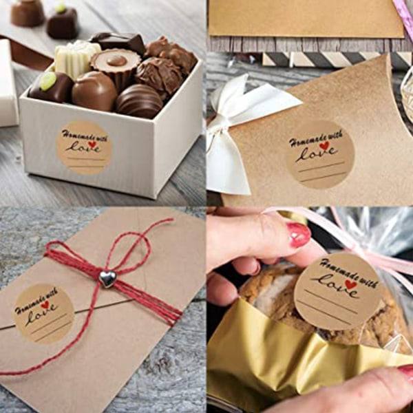 2-rullinen pyöreä Kraft-tarra, "Tehty rakkaudella" -tekstillä ja viivoilla, 2 tuuman