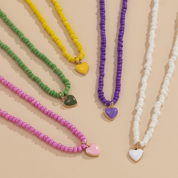 5 st justerbar färgglad pärla hjärta hænge vintage halsbånd