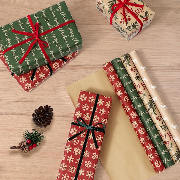 Presentpapper - Julpresentpapper - Julklappspapper - Presentpapper med figurer - 43 x 300 cm - 4 rullar
