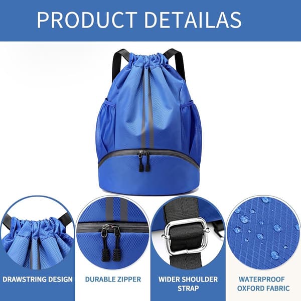 Gymbag med snøring, vanntett polyester, skolomme, for treningsstudio, svømming og reise, unisex, blå