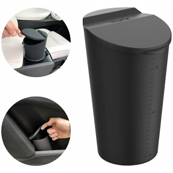 Pieni roskakori kannella autoon - Auton mukiteline - Auton oven taskuun sopiva roskakori - Roska-astia autoon, kotiin, toimistoon - Musta