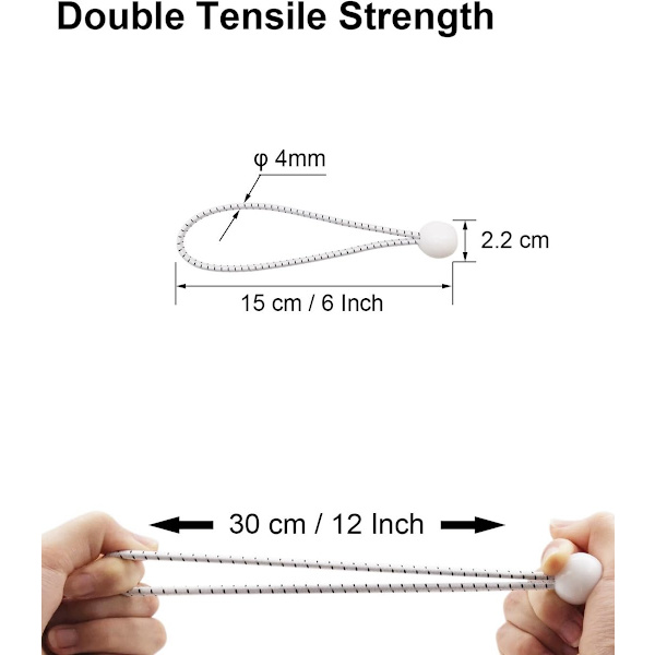 50 stykker - 15 cm - Elastisk tau - Elastisk snor - Spennelastikk - Strammesnor - Ballstrikker - Med kuler - Gjenbrukbare