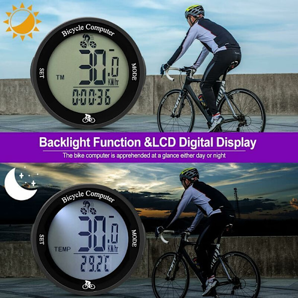 Vandtæt Trådløs Cykelcomputer Speedometer Odometer med LCD Baggrundsbelysning, Multifunktionel Cykel Odometer, af DEBUNS