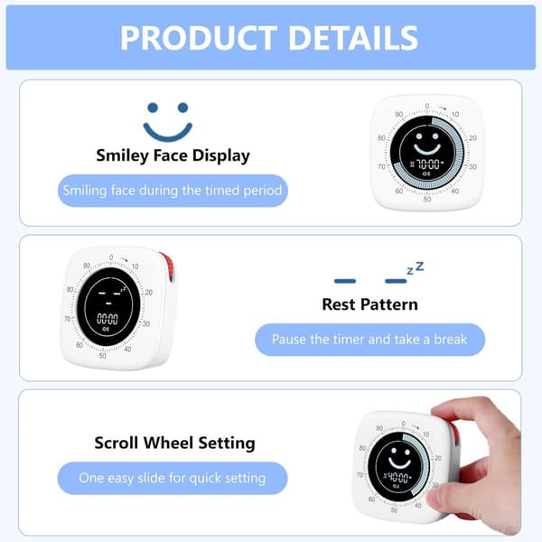 Visuel Timer, 100-Minutters Nedtælling Med Statuslinje, Lydløs/Vibration, USB-C Genopladelig Til Køkken, Skole Og Kontor, Hvid