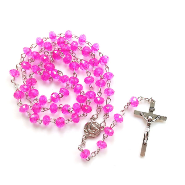 Imiterade kristallpärlor Rosenkranshalsband med Jesus Kristus krucifix korshänge katolska religiösa smycken för kvinnor