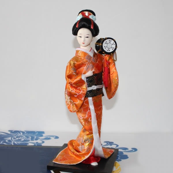 12 tum Vintage japansk Kimono Geisha Doll Figur Orange Kläder Heminredning