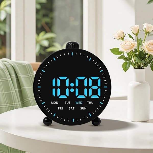 Digital LED-väckarklocka med nedräkningstimer, datumvisning och dubbla alarm, hoppande sekunder, batteridriven, svart och vit för sovrum och nattduksbord