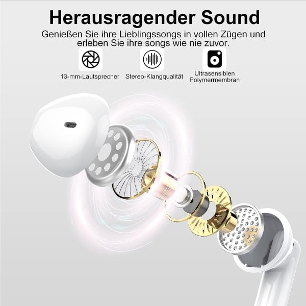 Bluetooth In-Ear-hörlurar med HD-mikrofon, upp till 30 timmars musikspeltid, Pearl White