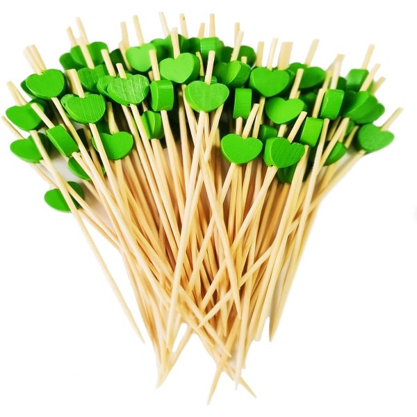 TG (Grön) 100 stycken cocktailpinnar, 12 cm engångshjärtan av bambu