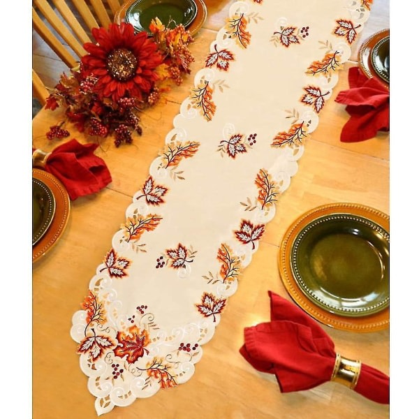 Broderad höstbordslöpare Thanksgiving-dekor, 15 X 67 tum lönnlöv bordslöpare för hösten