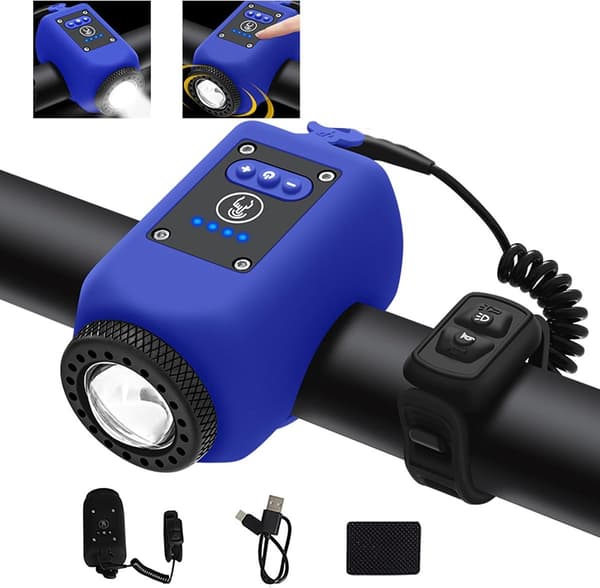 Elektrisk sykkelklokke med frontlys, 6 lyder, justerbart volum, USB-C oppladbar, 4 lysmoduser for nattkjøring, blå Blue