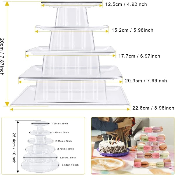 Galaxy 5-etasjers Macaron-tårn-stativ, firkantet etasjestativ for dessertkake-visningsstativ Serveringsbrett, bakedekor - Gjennomsiktig