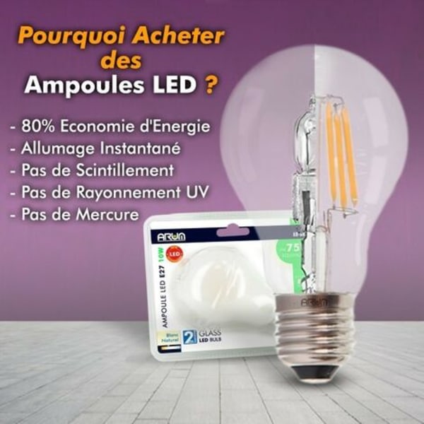 Sæt med 10 LED-pærer E27 6W Filament svarende til 54W varm hvid 2700K