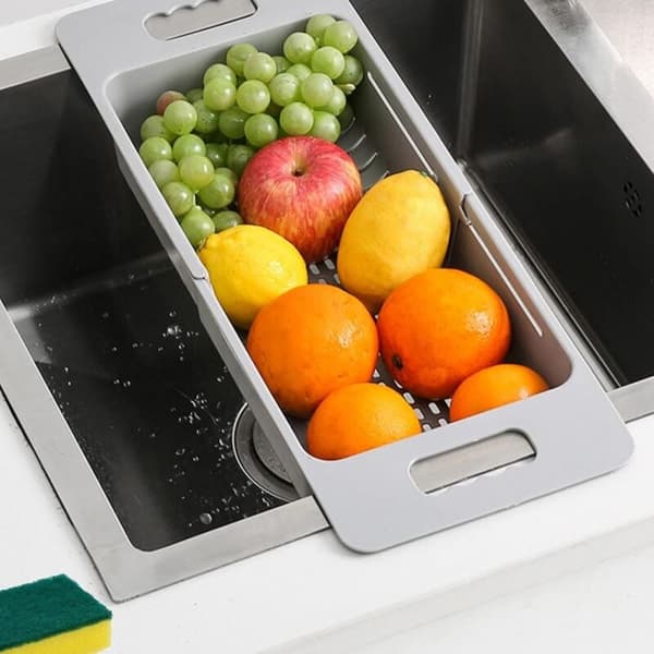 Expanderbar Durkslagskorg, Hopfällbart Köksdurkslag, Justerbart Frukt- och Grönsaksdurkslag för Diskbänk, 1-pack (Grå)