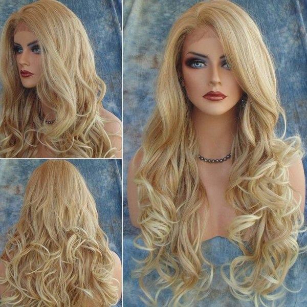 TG Värme OK Bølget Langt Menneskehår Blanding Full Parykk Blond Duet Mix Bangs