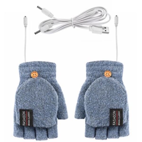 USB Elektrisk vante Vinteruppvärmda handskar Hel&Halvfingervärmare ljusblå