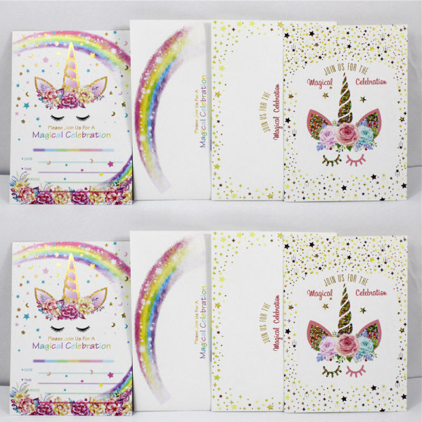 24 stämplade Unicorn Födelsedag Inbjudningskort Regnbågsstjärna Kuvert Set (Kort 2)