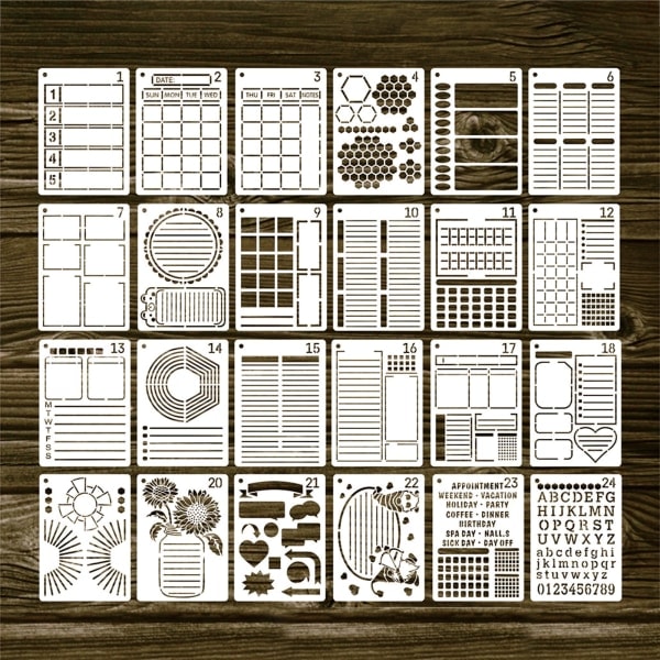 Pilkkukirja Plannerit DIY Mallit Äärimmäinen Tuottavuus Kirja Stencil Kalentereille Listat Kirjaimet Numerot 24 kpl szq