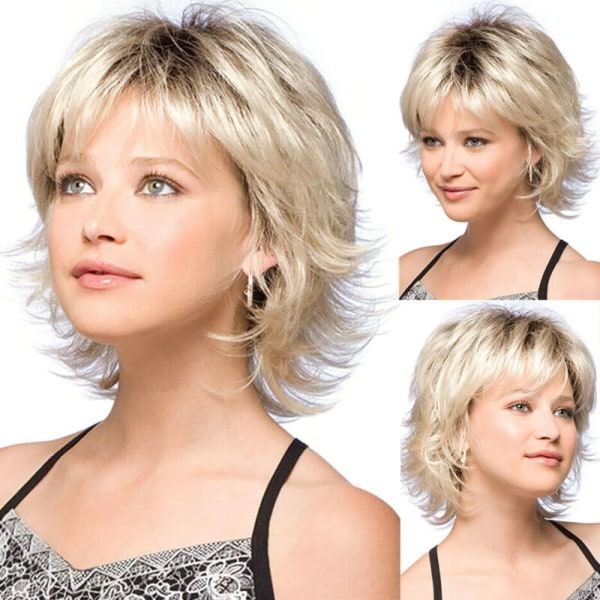 TG Kort peruk för kvinnor Pixie Syntetisk Full-Top Peruk med lugg Lockigt Guld Blond