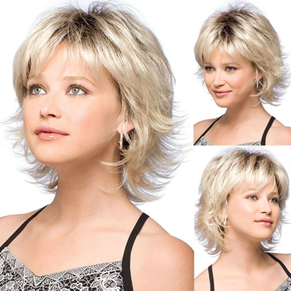 TG Kort peruk f?r kvinner Pixie Synthetic Full-Top Peruk Bangs Curly Gold Blond