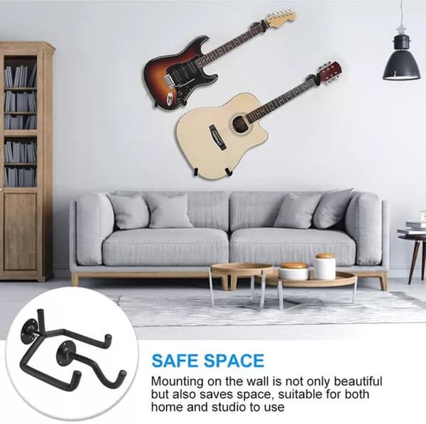 Gitarrväggfäste, horisontell metallkrok med silikonstoppning för akustisk/elektrisk gitarr, ukulele och fiol, svart