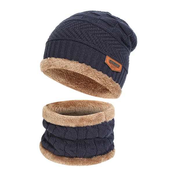 Vintervarm Mössa och Halsduk Set Ullstickad Mössa Vintermössa och Loop-Halsduk med Tjockt Fleecefoder för Män och Kvinnor Marinblå—yux Navy blue