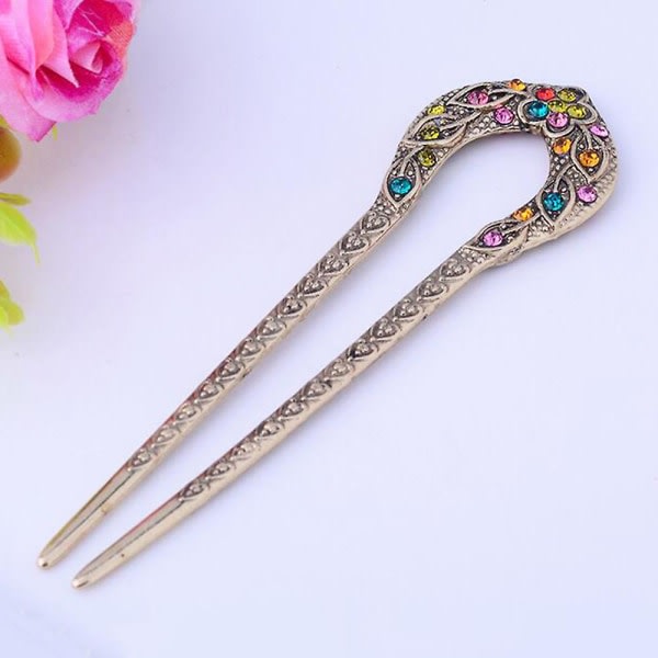 Hanfu Hairpin Daily Wear Strass Decor Step Shake U-formet hårnål Färgglad