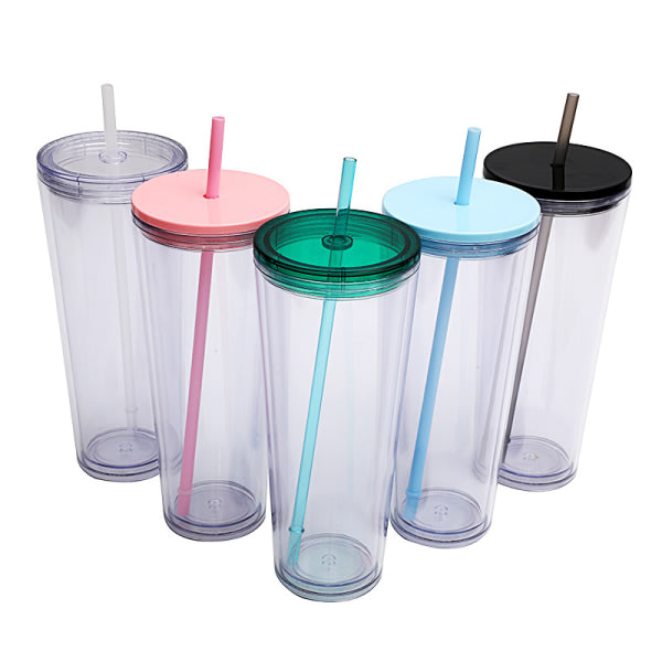 Dubbellagers Plast Kallvattenkopp, Läpinäkyvä juomakuppi, Halm Water Cup med färgat lock musta