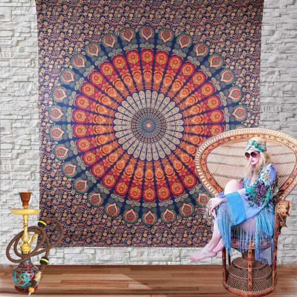 Indisk Hippie Bohemian Psykedelisk Gyllenblå Påfågel Mandala Väggbonad Gobeläng (Gyllenblå, Medium (51x59 tum)(130x150 cm)