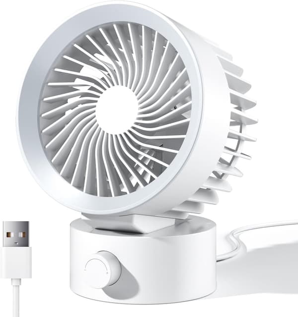 Mini USB-bordvifte, kraftig luftstrøm, trinnløs hastighetskontroll, børsteløs motor, under 35 dB, hjemmekontor reise, hvit