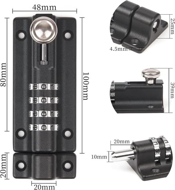 4-digit Combination Lock, 4-digit Sliding Lockable Garden Gate Lock for Gates, Gate Bolt Lock, Black_yux black