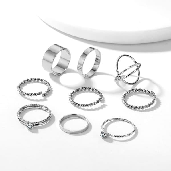 9 stk. Twisted Stacking Ring Sæt Glat Tynd Båndring Komfortpasform Justerbar Åben Ring Bånd Statement Smykker til Kvinder Sølv
