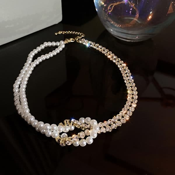 Enkelt sæt med diamantperle patchwork kort choker temperament design betydning halskæde_yux