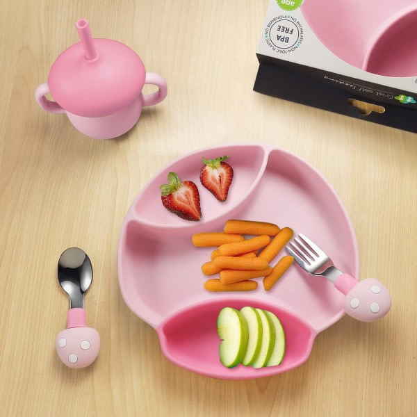 Galaxy Barns silikon tecknad söt svamp mattallrik gaffel och sked (rosa) 3 stycken