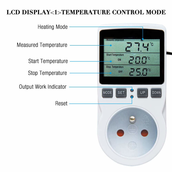 Digital / Värme Kylning Termostat Udtag LCD Temperaturregulator, 230V for växthusgård Temperaturregulator/Terrarium Termostat (udtag)