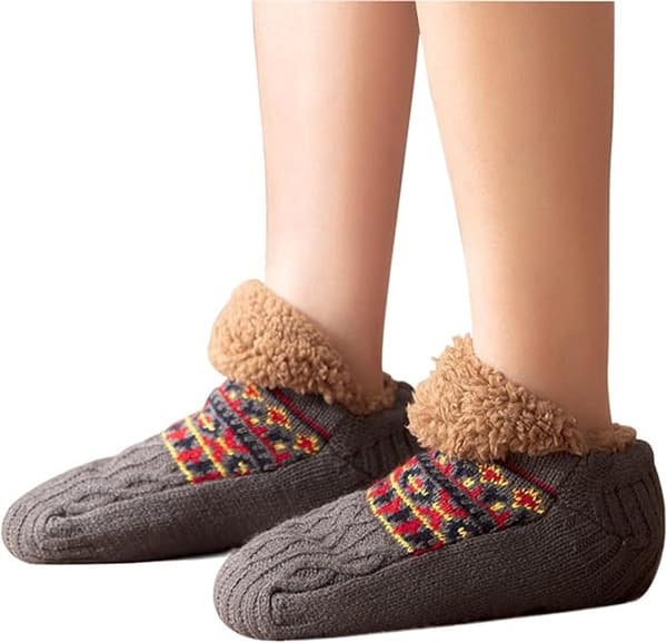 Toffelsockor för herrar med halkskydd, tjocka vinterstrumpor med fleecefoder, mjuka stickade varma innesockor för hemmet, grå