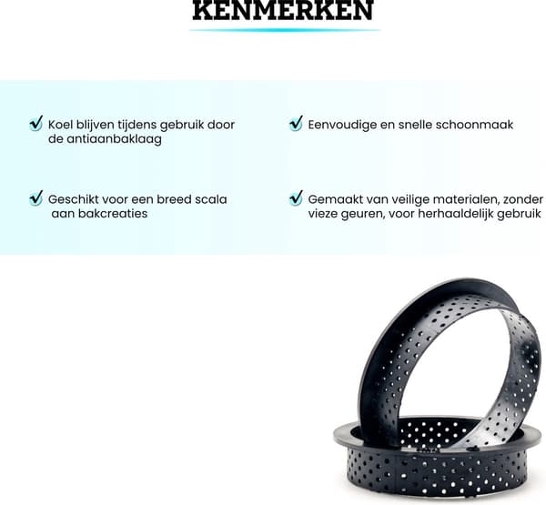 Sæt med 12 tærteformringe, non-stick fødevaresikker termoplast, til minitærter, quicher og bagværk, sort, 8 cm diameter