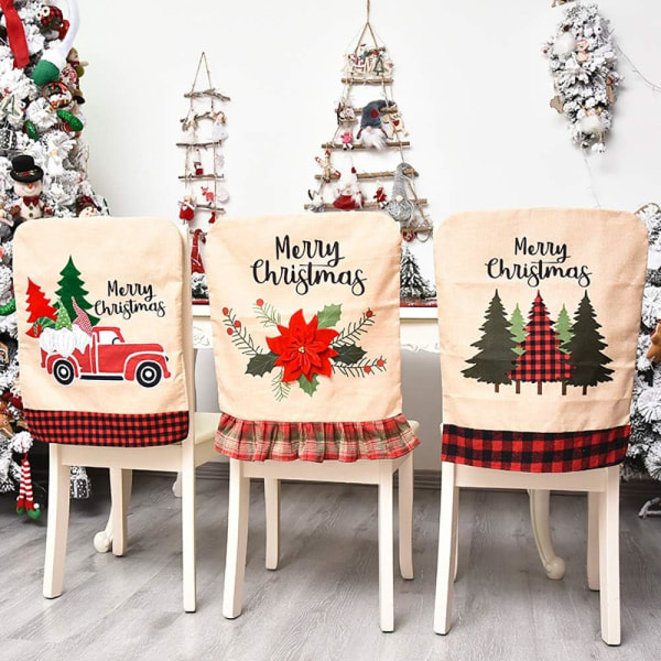 Julöverdrag Set med 3 st Matsalsstolsöverdrag för Jul Linne Matstolsöverdrag Julgran Blomma Cover