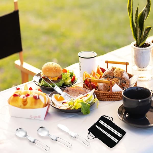 Vikbart campingbestickset, 5-delat vikbart bestickset i rostfritt stål, multifunktionella campingbestick, resebestickset, inklusive svart