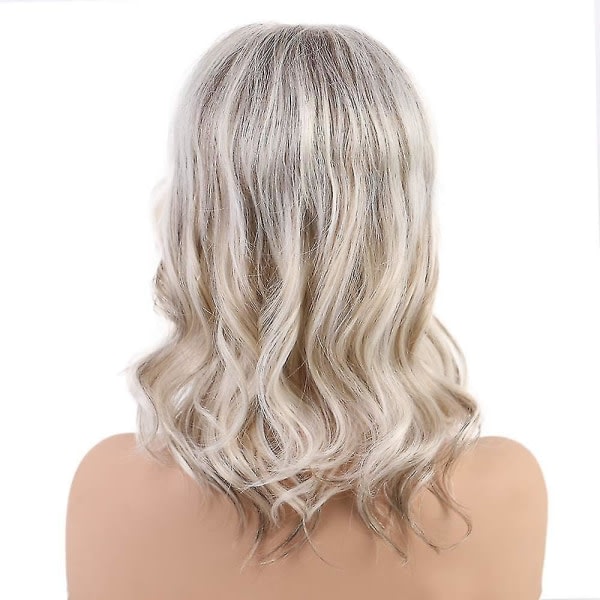 TG Långt blondt människohår peruker for kvinner, naturlig hårblanding med frisk Kanekalon fiber lockig peruk Wit