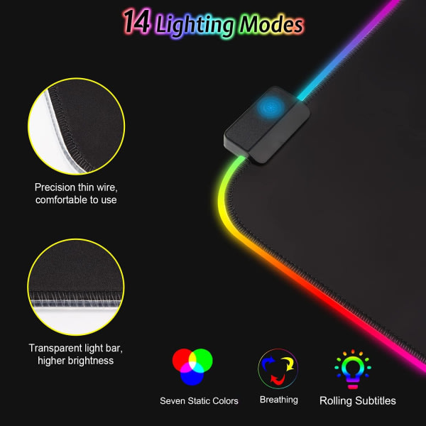 XXL RGB Gaming Mouse Pad (800 x 300 mm), 14 LED-lyseffekter, vanntät, halkfri, slitstark for spillere, datamaskin, PC