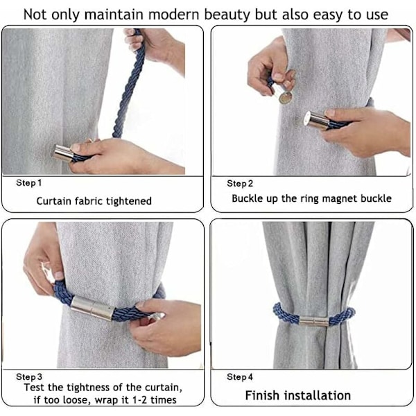 Magnetiske Gardinholdere, 2 Pakke Moderne Enkle Gardintauholdere med Sterk Magnet, Flettet Tau Gardinholder Dekor (Blå)