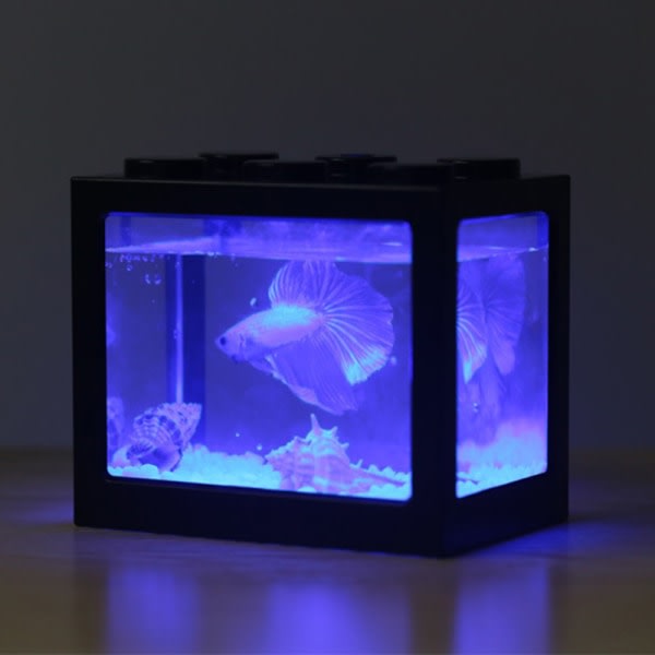 Stationär Mini Fish Tank USB LED Fish Box Akvariumblock staplade för skrivbordsinredning för hemmakontor USB svart cylinder vitt ljus