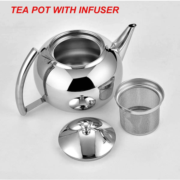 Tekanne med infuser for løse teblad, 2 liter tekanne i rustfritt stål, kaffekanne, liten vannkoker, sett, varmer tekanne